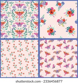 Seamless pattern set with butterflies and flowers. Spring and summer floral repeat background for fabrics or wallpapers. Contemporary butterfly composition. 