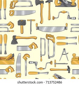 Seamless pattern set with carpentry tools. Hammer instrument, saw and axe for wood work. Vector illustration
