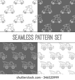 Seamless pattern set with cars with christmas tree on them. Four line patterns in different colors.