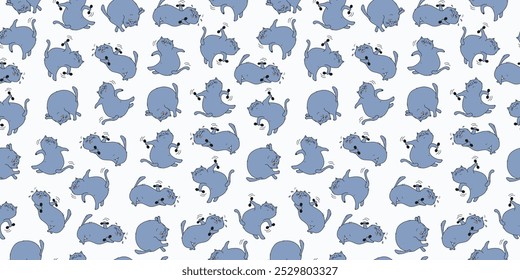 Seamless pattern, set of cartoon cats athletes. Fat happy cats doing gymnastics. Cat with dumbbells, in yoga pose. Doodle. Vector background.