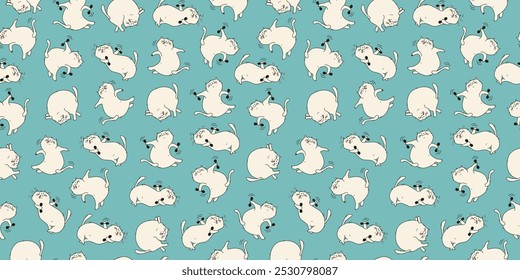 Seamless pattern, set of cartoon cats athletes. Fat happy cats doing gymnastics. Cat with dumbbells, in yoga pose. Doodle. Vector background.