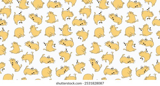 Seamless pattern, set of cartoon cats athletes. Fat happy cats doing gymnastics. Cat with dumbbells, in yoga pose. Doodle. Vector background.