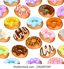 Seamless pattern. Set of cartoon colorful donuts. Dessert with cream. Flat vector illustration on white background. Sweet sugar icing donuts.