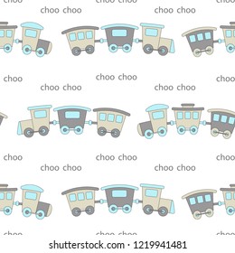 Seamless pattern with set cartoon cute trains and cars. Background with transport for kids clothes. Birthday party decor. Wallpaper or carpet for children room. Cover paper. Vector illustration.