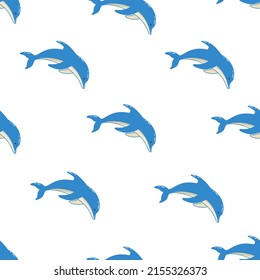 Seamless Pattern Set of cartoon dolphins in different poses, vector illustration of marine animals. Painted dolphins swim.