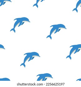 Seamless Pattern Set of cartoon dolphins in different poses, vector illustration of marine animals. Painted dolphins swim.