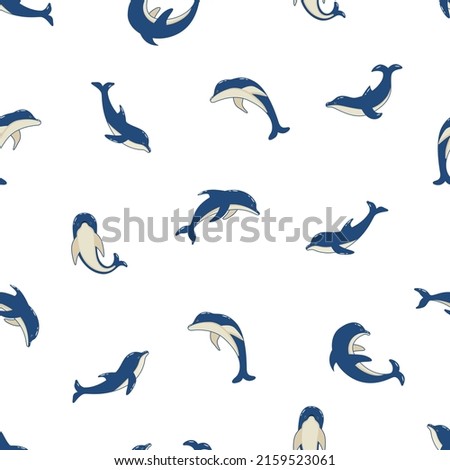 Seamless Pattern Set of cartoon dolphins in different poses, vector illustration of marine animals. Painted dolphins swim