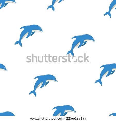 Seamless Pattern Set of cartoon dolphins in different poses, vector illustration of marine animals. Painted dolphins swim.