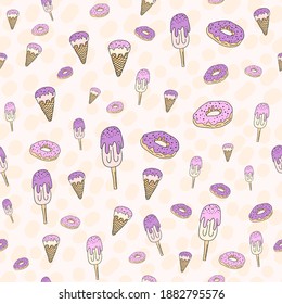 seamless pattern set, cartoon hand-drawn sweets donuts and ice cream, delicate pastel pink beige lilac colors. patterns for printing packaging wrapping banners textiles fabrics