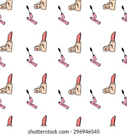 Seamless pattern Set of cartoon women's accessories, lipstick, dress, mirror, comb, perfume in doodle style