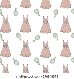 Seamless pattern Set of cartoon women's accessories, lipstick, dress, mirror, comb, perfume in doodle style