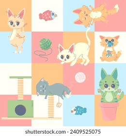 Seamless pattern set of cats , vector illustration for fabric, print, apparel 