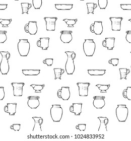 Seamless pattern with set of ceramic ware, pot, cups, jars, spoons, plates. Display of pottery, for textile, fabric or wrapper paper. Vector illustration, sample in file. Black and white.