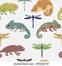 Seamless pattern with set chameleon and dragonfly in cartoon. Can be used for wallpapers, pattern fills, web page backgrounds,surface textures. - stock vector collection in retro colors