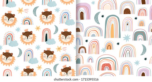 Seamless pattern set with childish design, different elements, lion, rainbows and clouds, white backgrounds