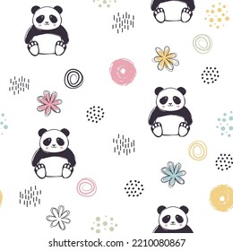 Seamless pattern from set of children primitive drawings of pandas and different elements in pastel colors. Cute design with a black outline in a flat style on a white background.