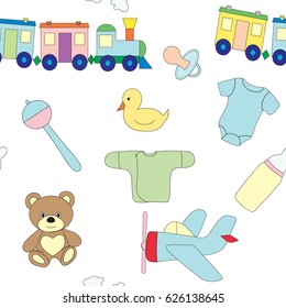 Seamless pattern with a set of children's objects. Toys and clothes for the child on a white background. Vector picture.
