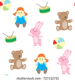 Seamless pattern with a set of children's objects. Toys and clothes for the child on a white background. Vector picture on white background