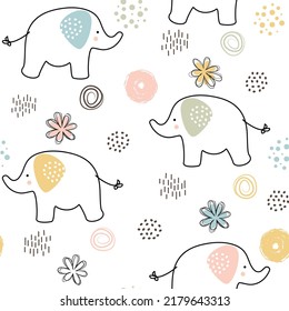 Seamless pattern from a set of children's primitive drawings of elephants and different elements in pastel colors. Cute design with a black outline in a flat style on a white background.