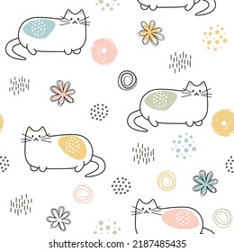 seamless pattern from a set of children's primitive drawings of cats and various elements in pastel colors. Cute design with a black outline in a flat style on a white background.