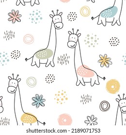 Seamless pattern from a set of children's primitive drawings of giraffe and different elements in pastel colors. Cute design with a black outline in a flat style on a white background.