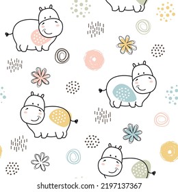 Seamless pattern from a set of children's primitive drawings of hippos and different elements in pastel colors. Cute design with a black outline in a flat style on a white background.