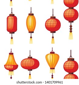 Seamless pattern. Set of Chinese lanterns in different shape - circular, cylindrical shapes. Flat vector illustration on white background. Red and orange classic Asian lantern. Chinese New Year.