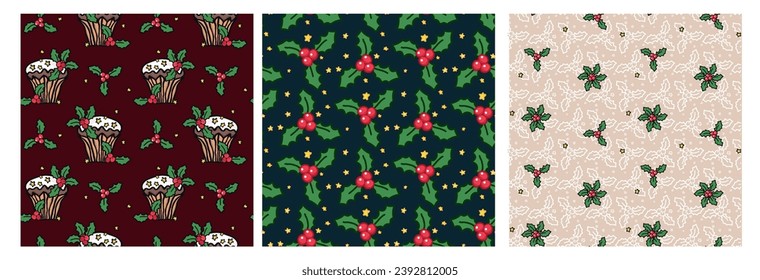 Seamless pattern set with Christmas botanical greenery plants. Endless texture for gift wrap, wallpaper, web banner, wrapping paper and fabric. Vector holiday background.