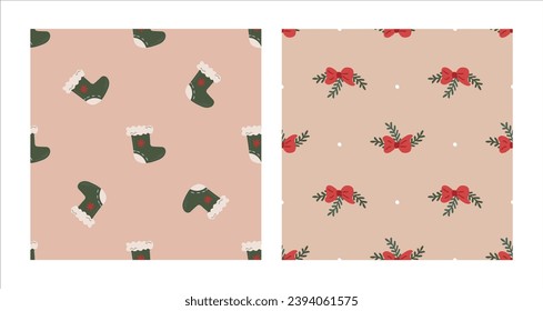Seamless pattern set with Christmas green sock and red bow bouquet. Christmas and New Year concept. Hand drawn retro vintage vector texture for wallpaper, prints, wrapping, textile