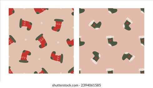 Seamless pattern set with Christmas green and red socks. Christmas and New Year concept. Hand drawn retro vintage vector texture for wallpaper, prints, wrapping, textile