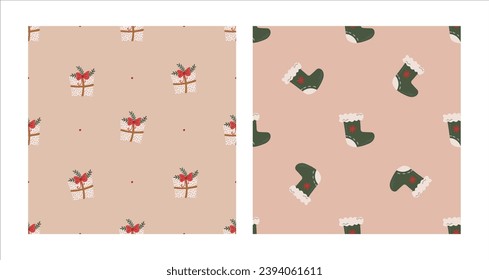 Seamless pattern set with Christmas green sock and gift box. Christmas and New Year concept. Hand drawn retro vintage vector texture for wallpaper, prints, wrapping, textile