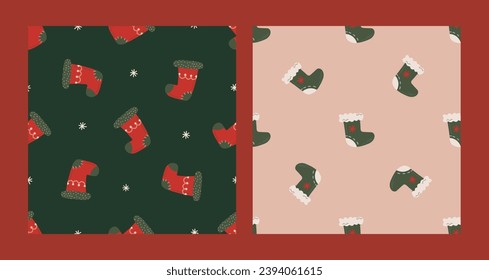 Patrón sin foco con medias verdes y rojas de Navidad. Concepto de Navidad y Año Nuevo. Textura vectorial retro dibujada a mano para papel pintado, impresiones, envoltura, textil