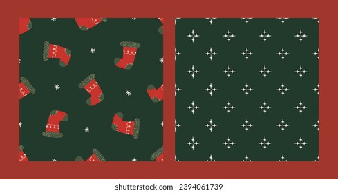 Seamless pattern set with Christmas red sock and geometric ornament on dark green background. Christmas and New Year concept. Hand drawn retro vintage vector texture 