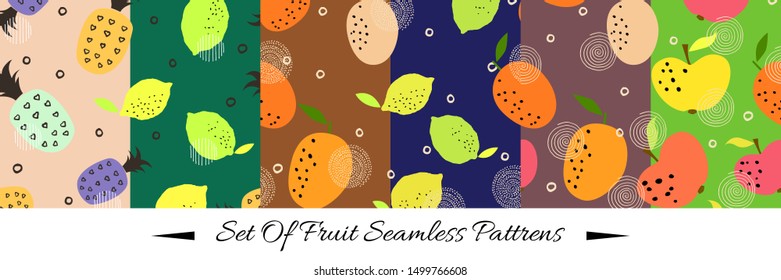 Seamless pattern set with citrus fruits collection. Fresh lemons, oranges, apples and pineapples background. Colorful wallpaper vector.  Decorative illustration,   printing stationery, package juice