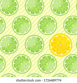 Patrón sin fisuras con conjunto de rodajas de cítricos y líneas diagonales. Frutas frescas cortadas a la mitad (lima, naranja, pomelo, limón) aisladas de fondo blanco. 
Elemento para el café de menú de diseño.