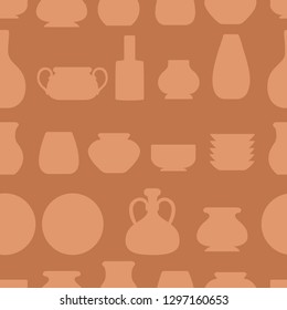 Seamless pattern. Set of clay crockery. Kitchenware dishes - plates, jugs, pots. Brown clay. Flat vector illustration on brown background.