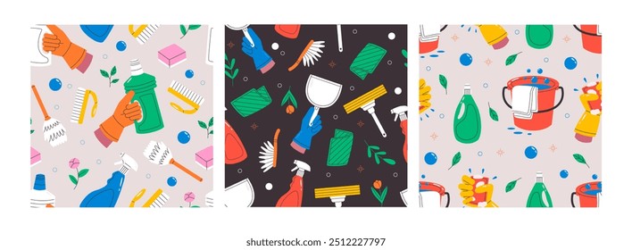 Seamless pattern set with cleaning elements. Hand drawn pattern with detergent, bucket of water, hand with cleaning supplies. Vector illustration.