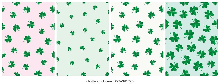 Nahtlose Muster mit Kleeblatten. Unregelmäßiges, wiederholbares Design auf verschiedenen Hintergründen. Vektorgrafik, ideal für St. Patrick’s Day-Umschlagpapier oder Stoffdrucke.