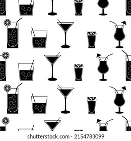 Seamless pattern with set cocktail. Black flat icon cocktail on white background. Icon alcohol drink. Modern design for print on fabric, wrapping paper, wallpaper, packaging. Vector illustration