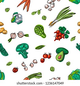 Seamless pattern. Set of color various doodles, hand drawn quick simple sketches of different kinds of vegetables greens. Vector freehand illustration isolated on white background.