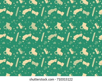 Seamless pattern with set of colored vector cars, tractors and trains on colored background