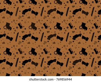 Seamless pattern with set of colored vector cars, tractors and trains on colored background