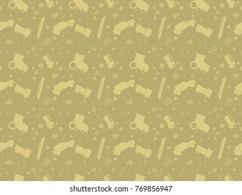 Seamless pattern with set of colored vector cars, tractors and trains on colored background