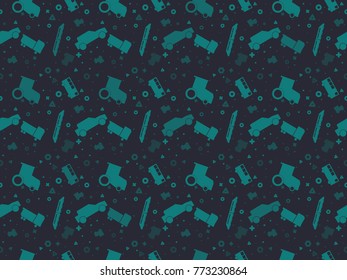 Seamless pattern with set of colored vector cars, tractors and trains on colored background