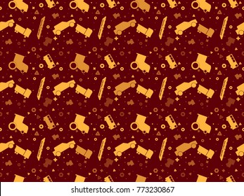 Seamless pattern with set of colored vector cars, tractors and trains on colored background