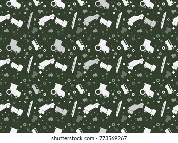 Seamless pattern with set of colored vector cars, tractors and trains on colored background
