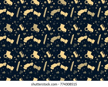 Seamless pattern with set of colored vector cars, tractors and trains on colored background