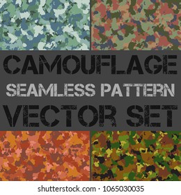 Seamless pattern set of colorful camouflage. Military camo texture, clothing while hunting illustration. Army design style background for textile or print.