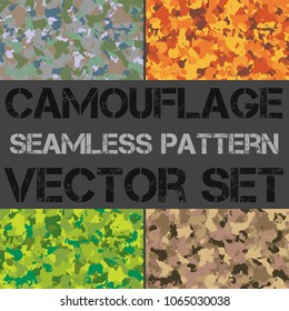 Seamless pattern set of colorful camouflage. Military camo texture, clothing while hunting illustration. Army design style background for textile or print.