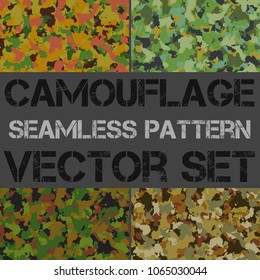 Seamless pattern set of colorful camouflage. Military camo texture, clothing while hunting illustration. Army design style background for textile or print.